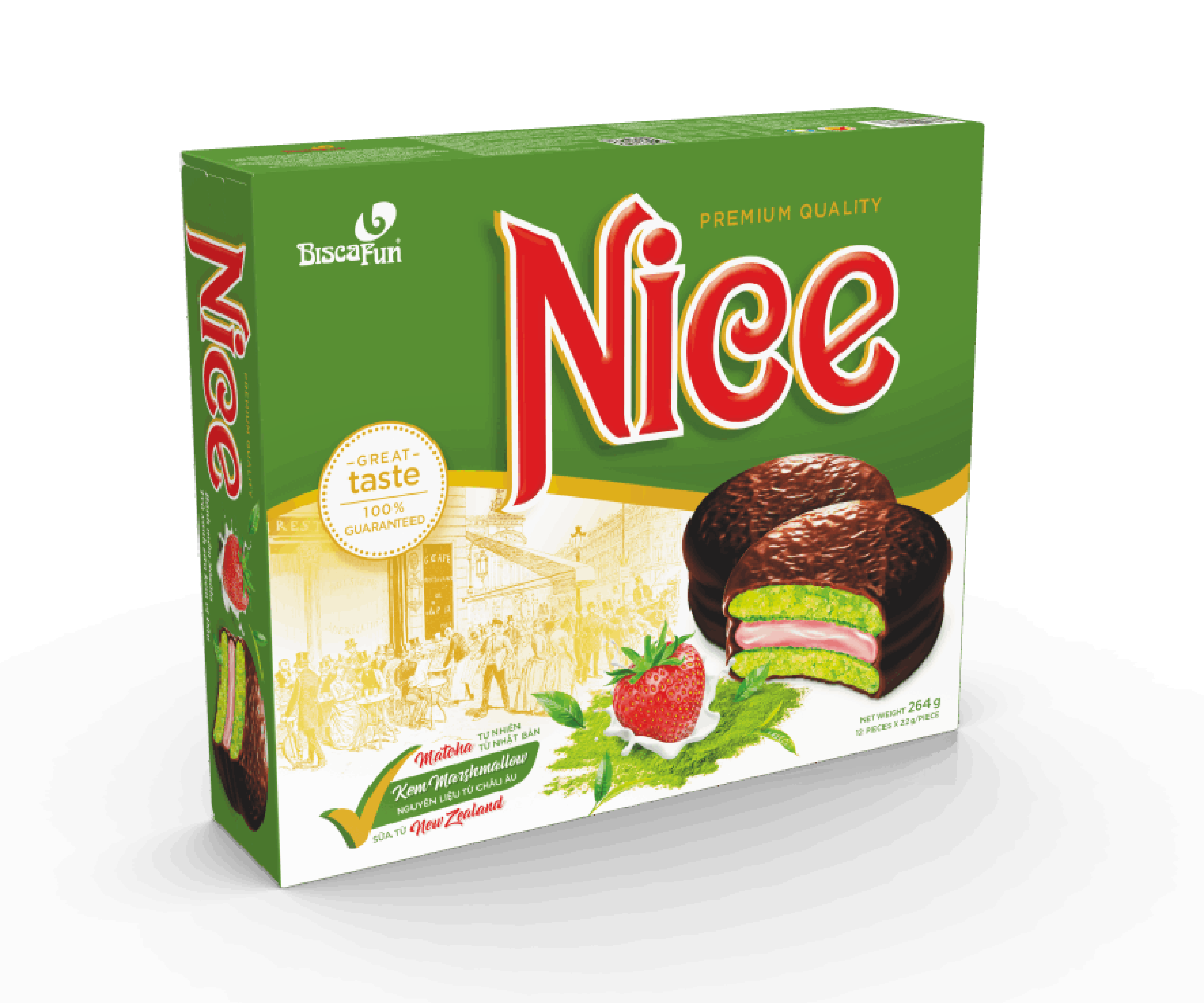 Ảnh Bánh Nice hộp 264g Trà Xanh Kem Sữa Vị Dâu (10Hộp/Thùng)
